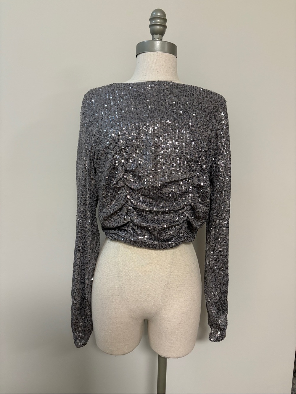 privy Silver Sequin Ruched Cropped Long-Sleeve Top
